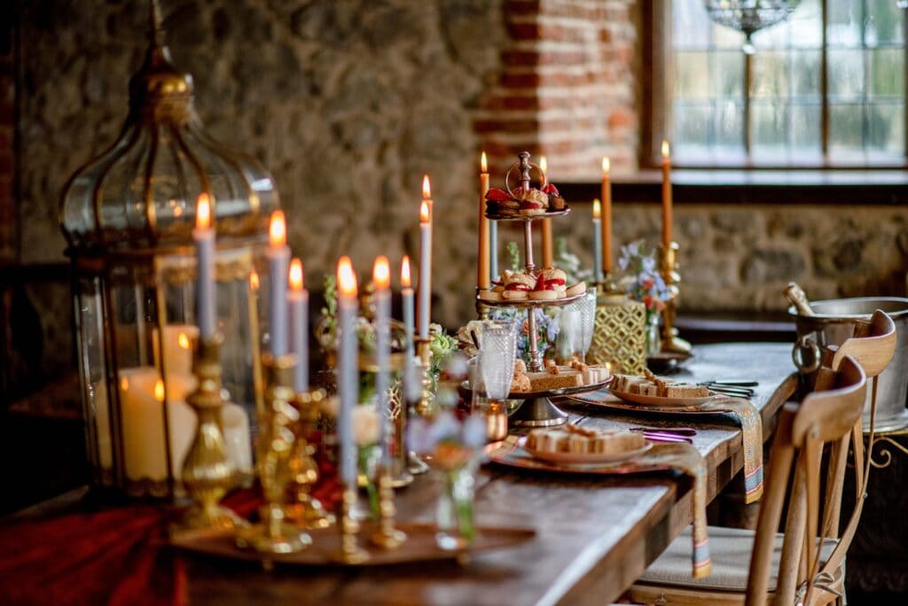 Afternoon tea setup for an elopement wedding at Castle Westenhanger