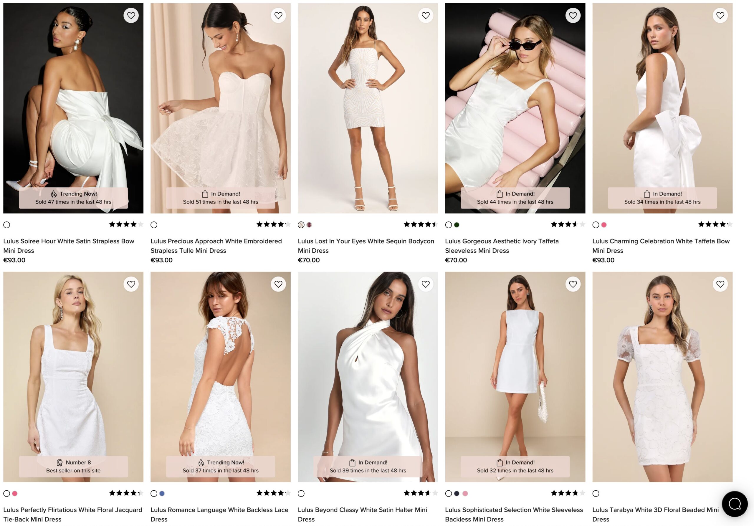 screenshot of Lulus website showing a variety of short wedding dresses for sale