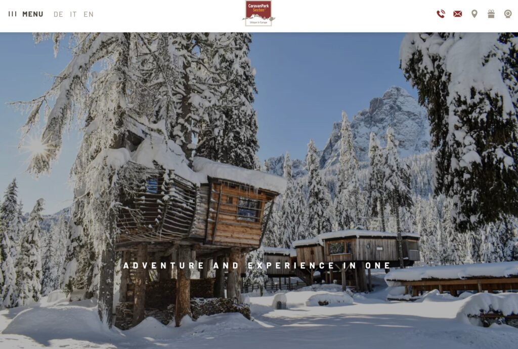 A screenshot of the treehouses on the Caravan Park Sexten website